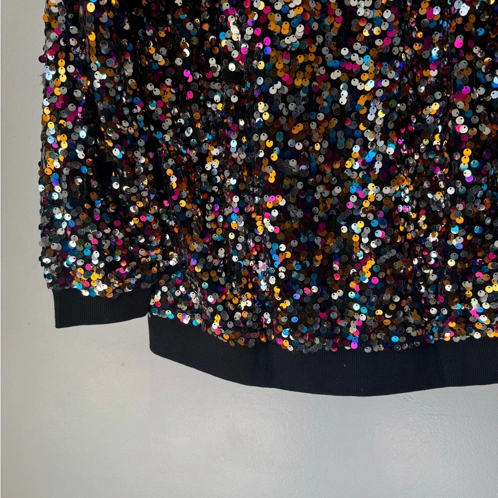 Allegra K Black Bomber Jacket Multicolor Sequins Front Zipper Closure Size XS